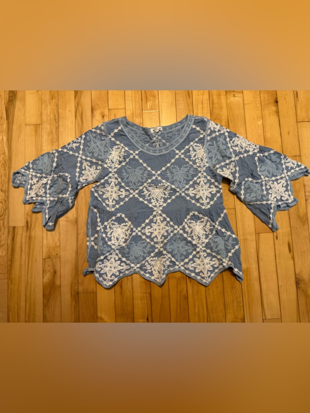 Embroidered Blue Scoop Neck Top XL